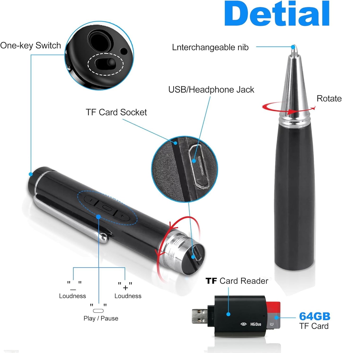 AI Digital Voice Recorder-64GB Voice Activated Recorder with Playback AI-Intelligent Noise Reduction Mp3 Player Voice Activated Sound Audio Tap Recorder Device for Meeting Course Lectures Interviews