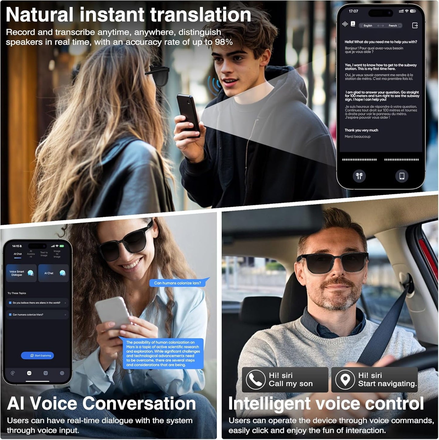MUSICOZY AI Translator Smart Glasses for Men Women Bluetooth Audio Glasses with 110+ Translation Smart Glasses Real-Time Translation Multifunctional Bluetooth Glasses Open Ear Lighweight (Black)