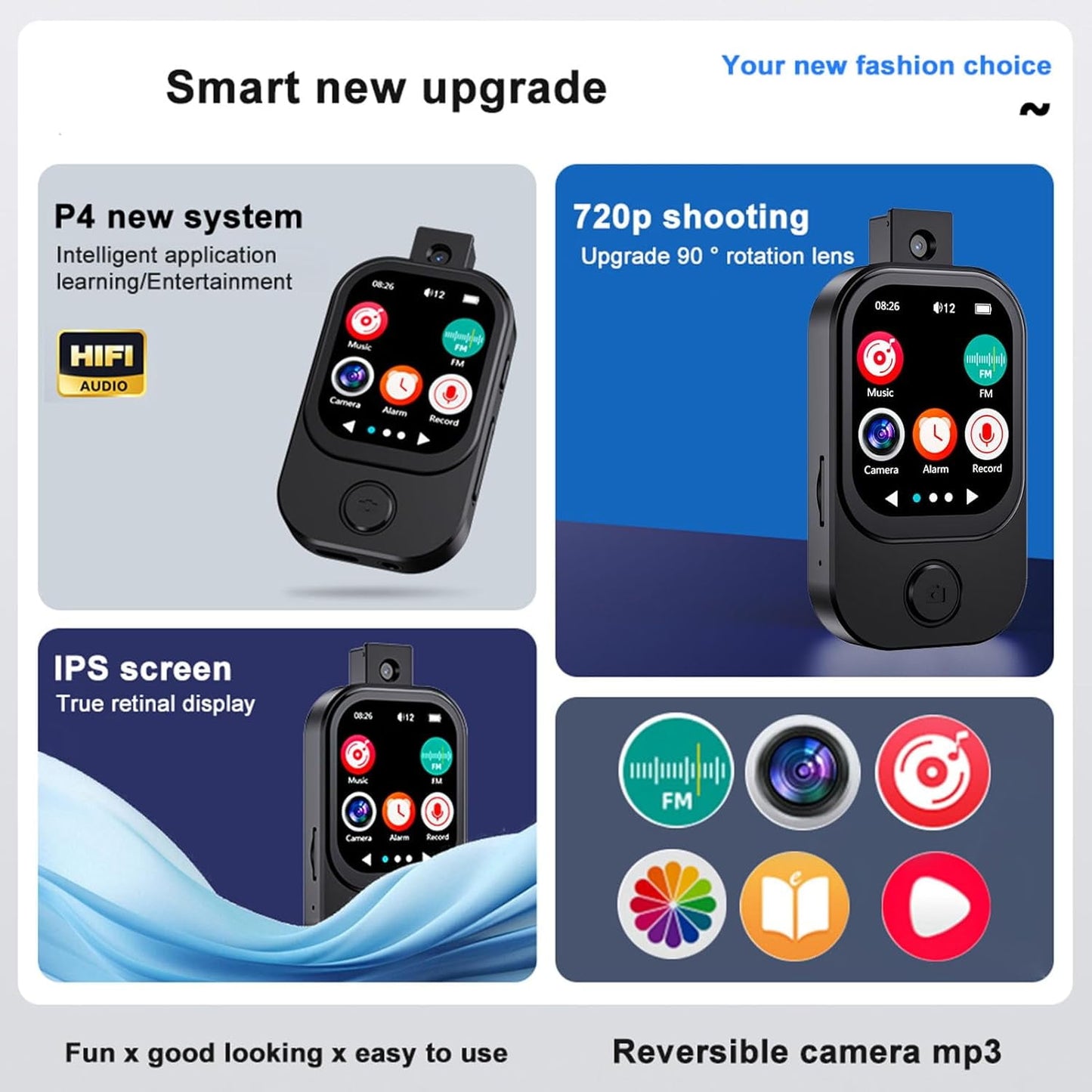 64GB Mini MP3 Player with Camera Bluetooth Mp3 Mp4 Music Player 2.0 IPS Touch Screen Android Player with Speaker FM Radio MP3 Player with E Book Alarm Clock Stopwatch Walkmen Player for Sports Travel