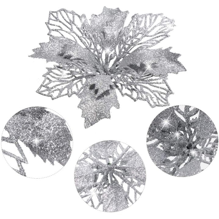 XEAZON 16 Pcs Christmas Glitter Flower, 6.3 inch Christmas Silver Glitter Hollow Leaf, Artificial Poinsettia Flowers Tree Ornaments, Festival Xmas Decor for Wedding Christmas Party Home Decoration