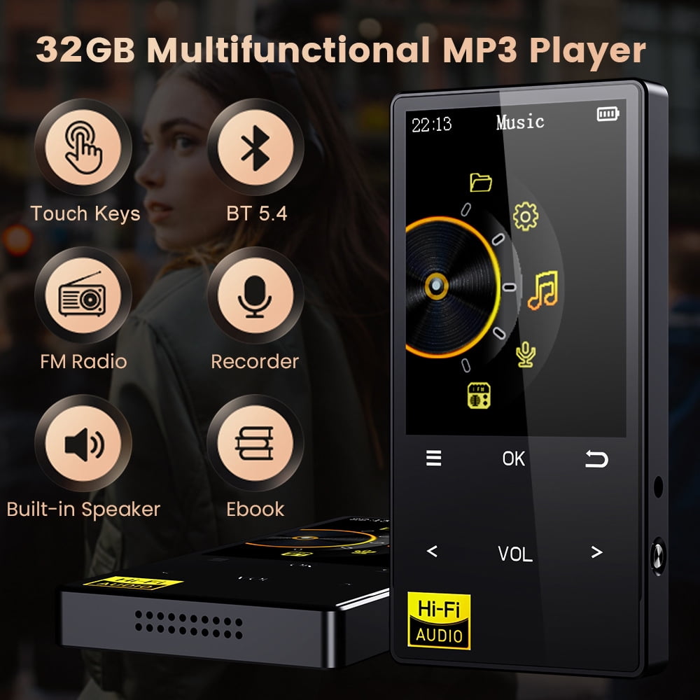 64GB MP3 Player with Bluetooth 5.4 Portable Lossless HiFi Sound Music Player with HD Speaker Digital Audio Player E-Book/Recorder/FM Radio Touch Buttons Support up to 128GB for Running Walking