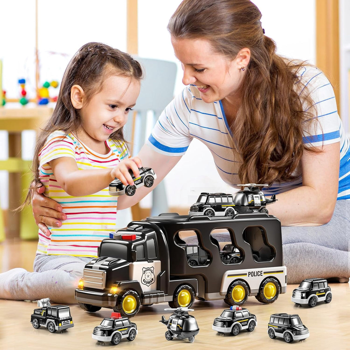 CEDQ Kids Police Truck Toy with Music for 3-9 Years Boys&Girls - 5 in 1 Black Carrier Vehicle Toy Set with 3 Small Cars 1 Helicopter Friction Powered Car Toys for Baby Birthday Gifts for Toddlers