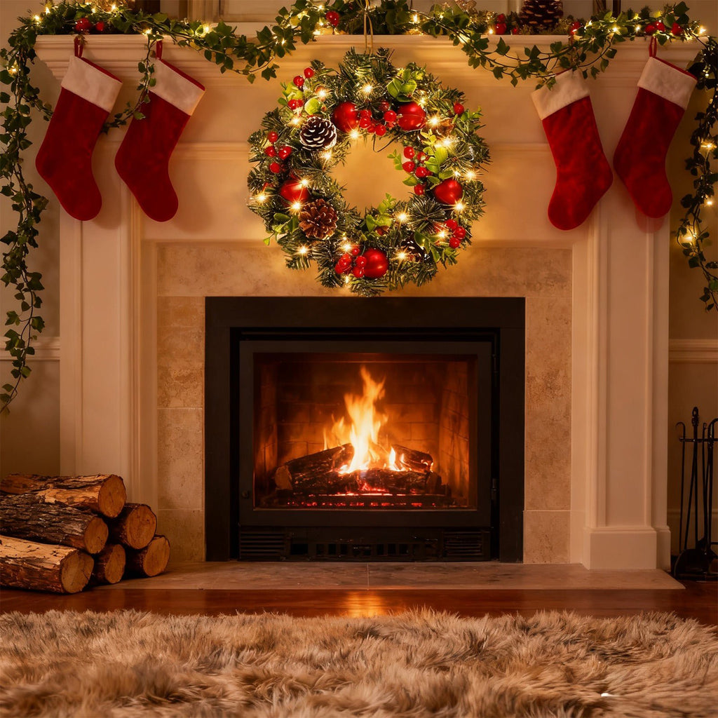 XEAZON Christmas Wreaths for Front Door, 16In Christmas Wreath with LED Lights Pine Cones and Berry Clusters, Festive Hanging Garland for Christmas Wall Fireplace Window Indoor Outdoor Decorations