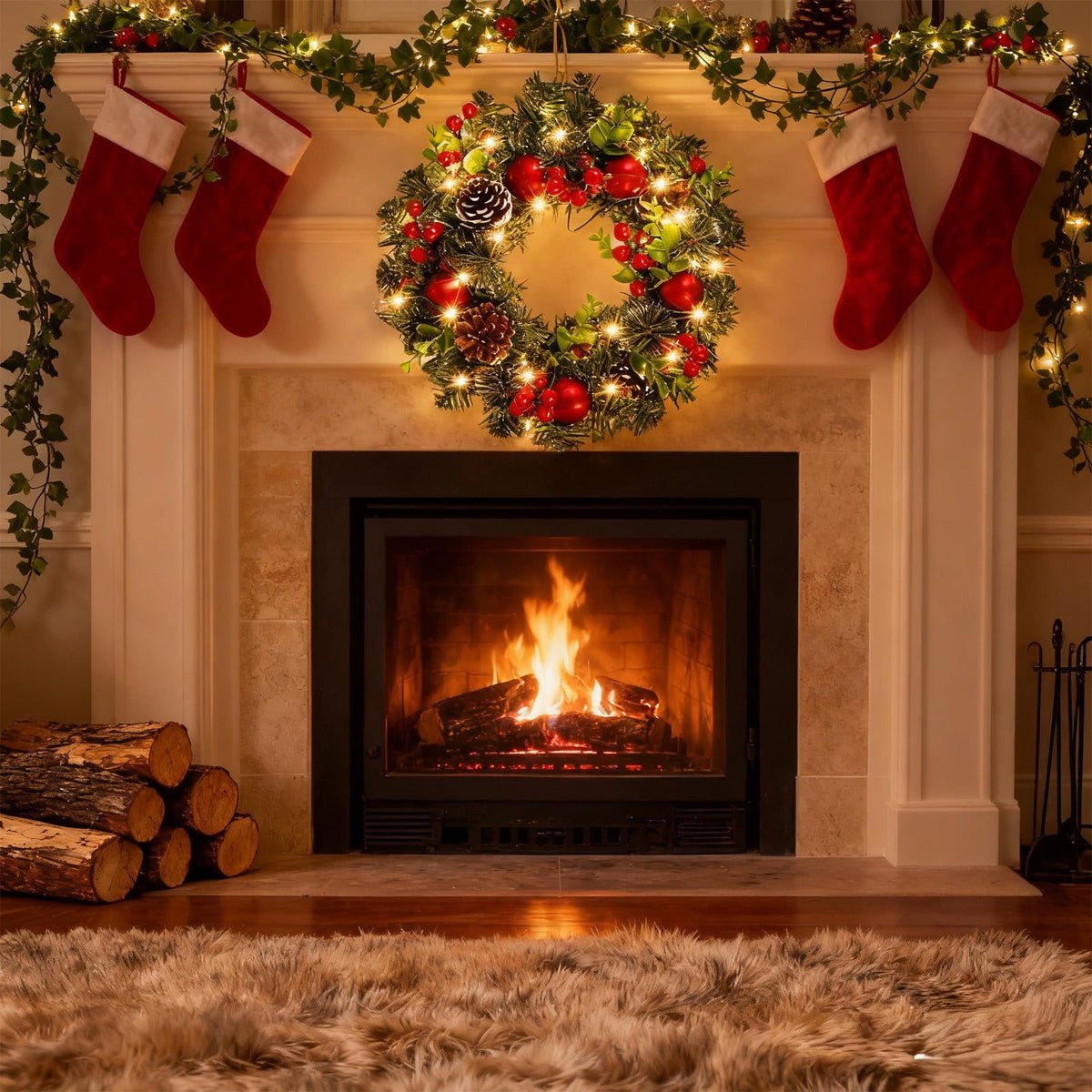 XEAZON Christmas Wreaths for Front Door, 16In Christmas Wreath with LED Lights Pine Cones and Berry Clusters, Festive Hanging Garland for Christmas Wall Fireplace Window Indoor Outdoor Decorations