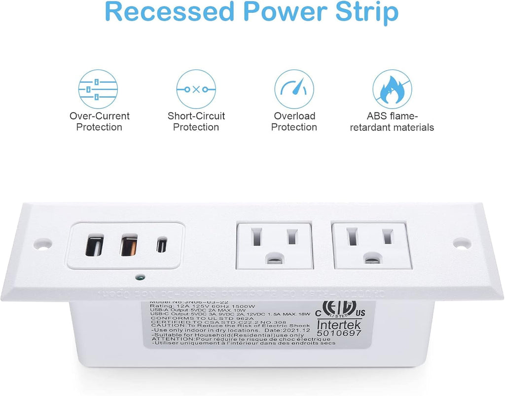 Recessed Power Strip with 20W USB C Port Fast Charging USB A Port Desk Outlet Furniture Hidden Charging Station for Side Table End Table with 6FT 45 Degree Flat Plug Extension Cord White