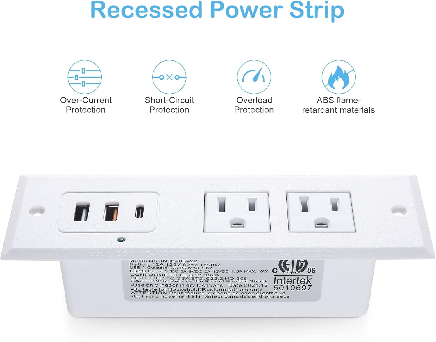 Recessed Power Strip with 20W USB C Port Fast Charging USB A Port Desk Outlet Furniture Hidden Charging Station for Side Table End Table with 6FT 45 Degree Flat Plug Extension Cord White
