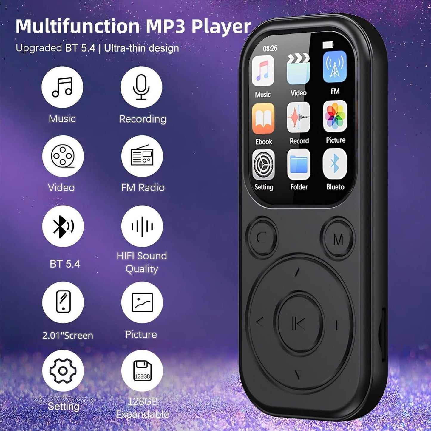 MP3 Player Bluetooth Music Player with 32GB Memory Card Earphone Build-in Speaker/Photo/Video Play/FM Radio/Voice Recorder BT5.4 Portable Music Player Supports up to 128GB for Kids Running Walking