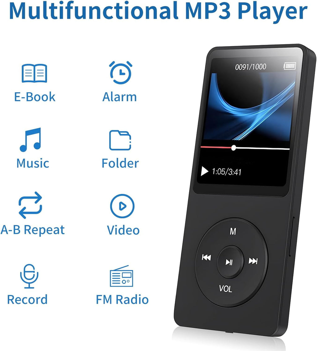 MP3 Player Music Player with 32GB Micro SD Card Earphone Build-in Speaker/Photo/Video Play/FM Radio/Voice Recorder/E-Book Reader Supports up to 128GB for Kids Running Walking