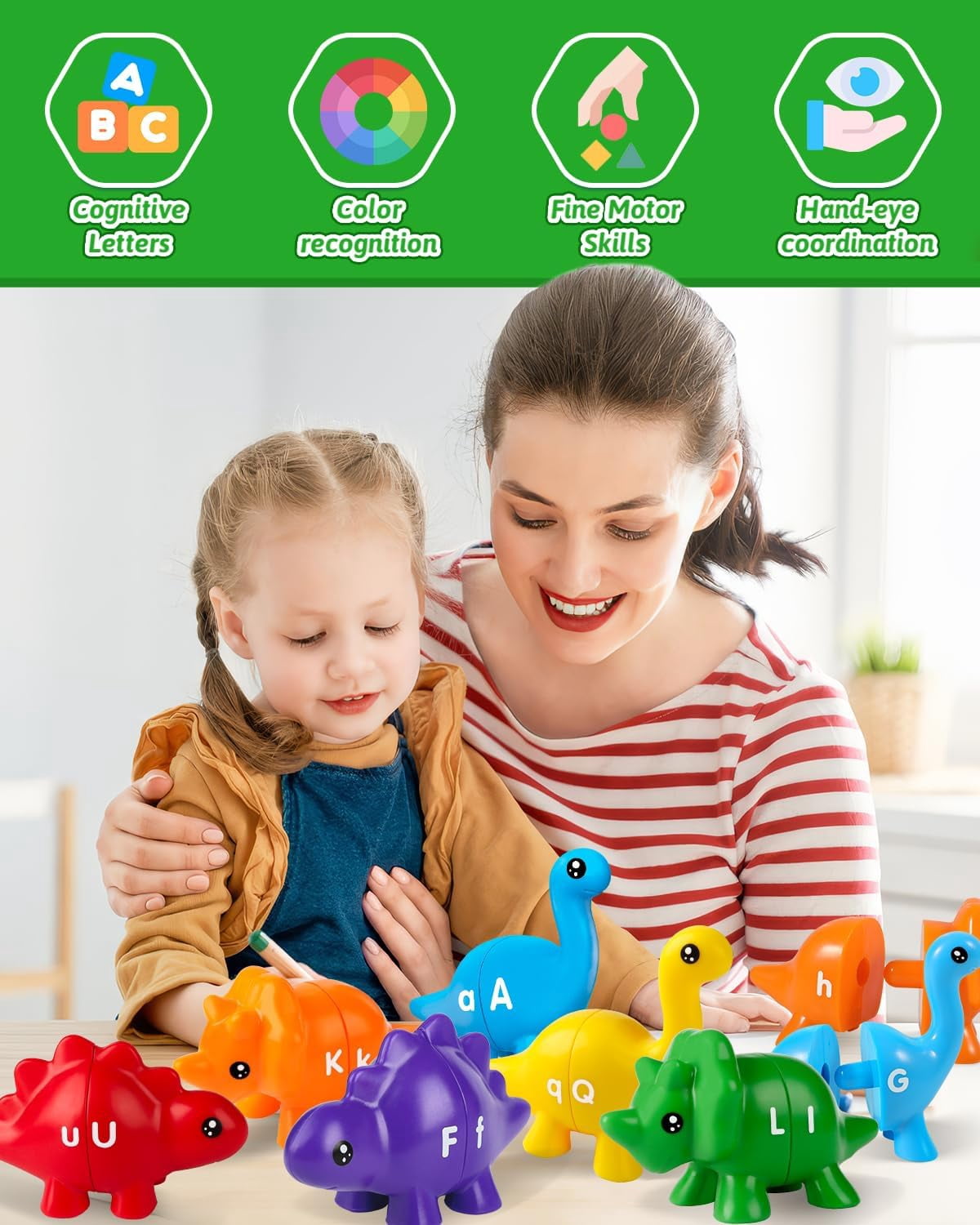 52PCS Baby Learning Toy for 2-5 Matching Letters Dinosaur Toy Montessori ABC Matching Letters Dino Toys Gifts for Toddlers Educational Fine Motor Preschool Learning Toys for 2 3 4 Year Old Boys Girls