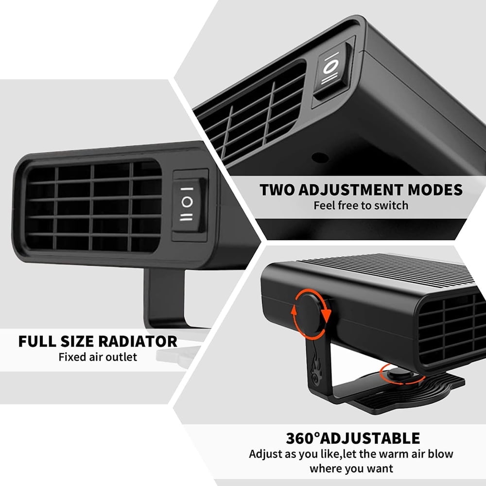 2 in1 Fast Heating and Cooling Car Heaters Portable Car Heater 12v Car Heater and Defroster Plug-In Car Windscreen Fan For All Cars 360°Degree Defroster with Rotatable Suction Holder Black