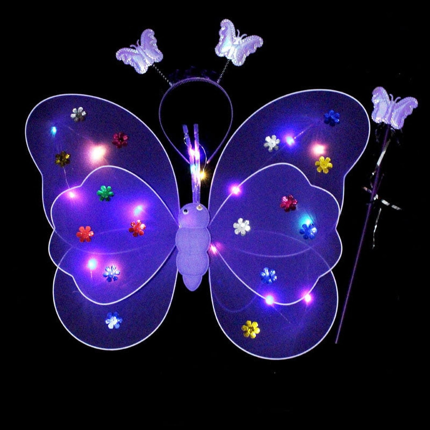 LED Children Costume Prop for Halloween Christmas Fairy Princess Kids Costume Sets Butterfly Wings Wand Headband Tutu Skirt New Year Gifts for 3 4 5 6 7 8 Years Old Girls Purple with Light