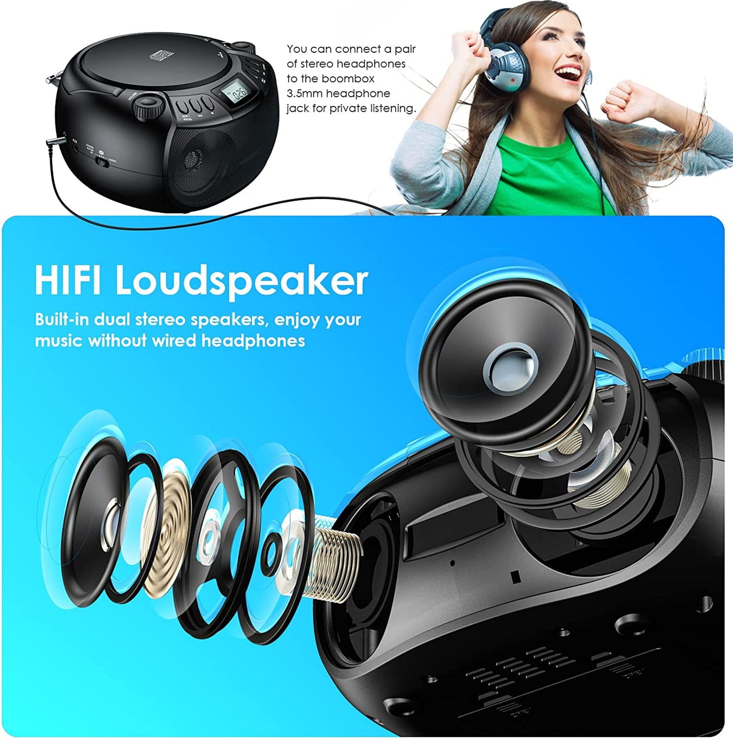 Boombox CD Player with Bluetooth Boombox AM/FM Radio USB Port Portable CD Player Stereo Sound Speaker MP3 Playback 3.5mm AUX Input Headphone Jack LCD Display CD-R CD-RW MP3WMA Playback