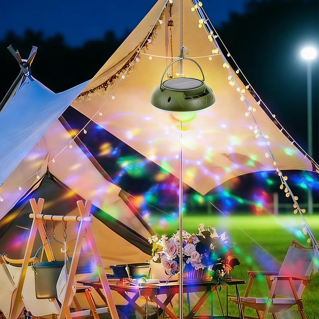 Solar Camping Lights & Lantern with Disco Light Ball, Rechargeable Hanging Tent Light, Music Sync Strobe RGB LED Camping Party Lights with 9 Light Modes & IPX4 Waterproof, Camping Essentials, Green