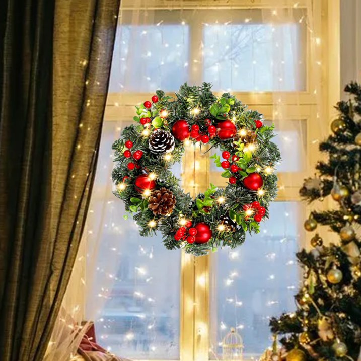 XEAZON Christmas Wreaths for Front Door, 16In Christmas Wreath with LED Lights Pine Cones and Berry Clusters, Festive Hanging Garland for Christmas Wall Fireplace Window Indoor Outdoor Decorations