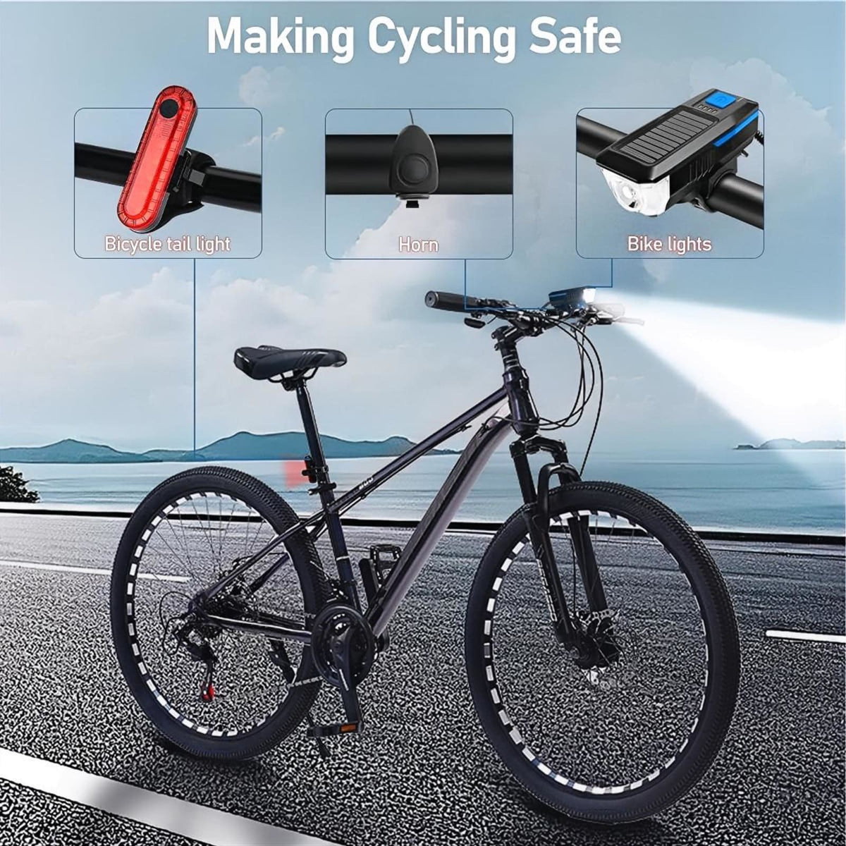 Bike Lights for Night Riding, Solar Bike Lights USB Rechargeable Bike Lights Front and Back Ultra Bright Bike Headlight with Speaker, 4 Mode Lights, Waterproof, Battery Level Display