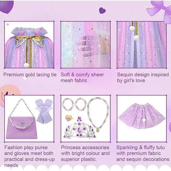 Princess Dress Up kids Costume Props Halloween Christmas gifts 11Pcs Fairy Princess for Toddler Girls Costume Sets Cape Wand Headband Tutu Skirt Jewelry New Year Gifts for Girls3 4 5 6 7 8 Year Old