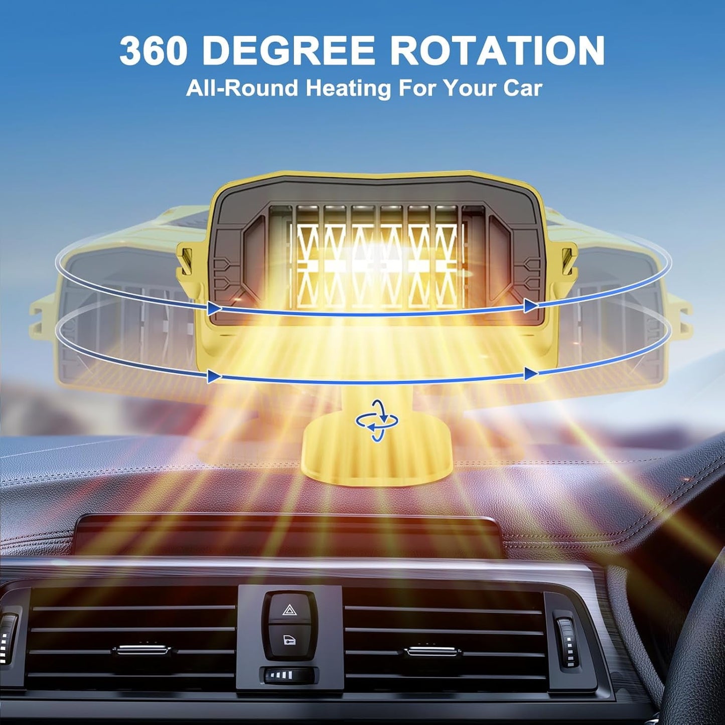 MUSICOZY Car Heater Fan 12v 150w Winter Windshield Defogger and Defroster 2 in 1 Portable Car Fast Heating Cooling Fan Can Heat for Seat with 1.4M Line 360° Rotatable Base Car Heater(Yellow)