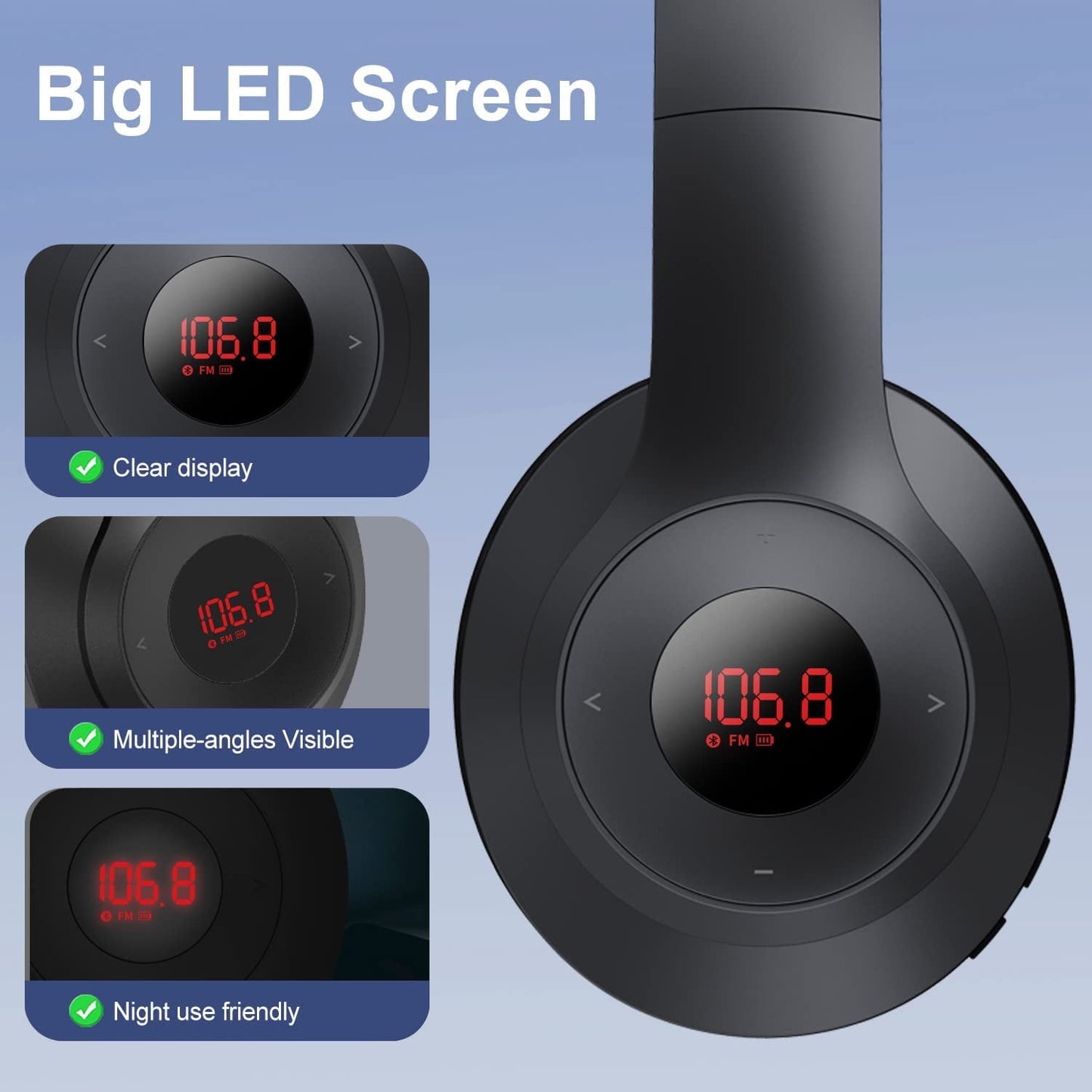 Wireless FM Radio Headphones with Bluetooth Built-in Microphone LED Display Rechargeable & Portable Headphones Soft Ear Muffs FM Headset Radio Receiver for Meeting Works Hiking Jogging