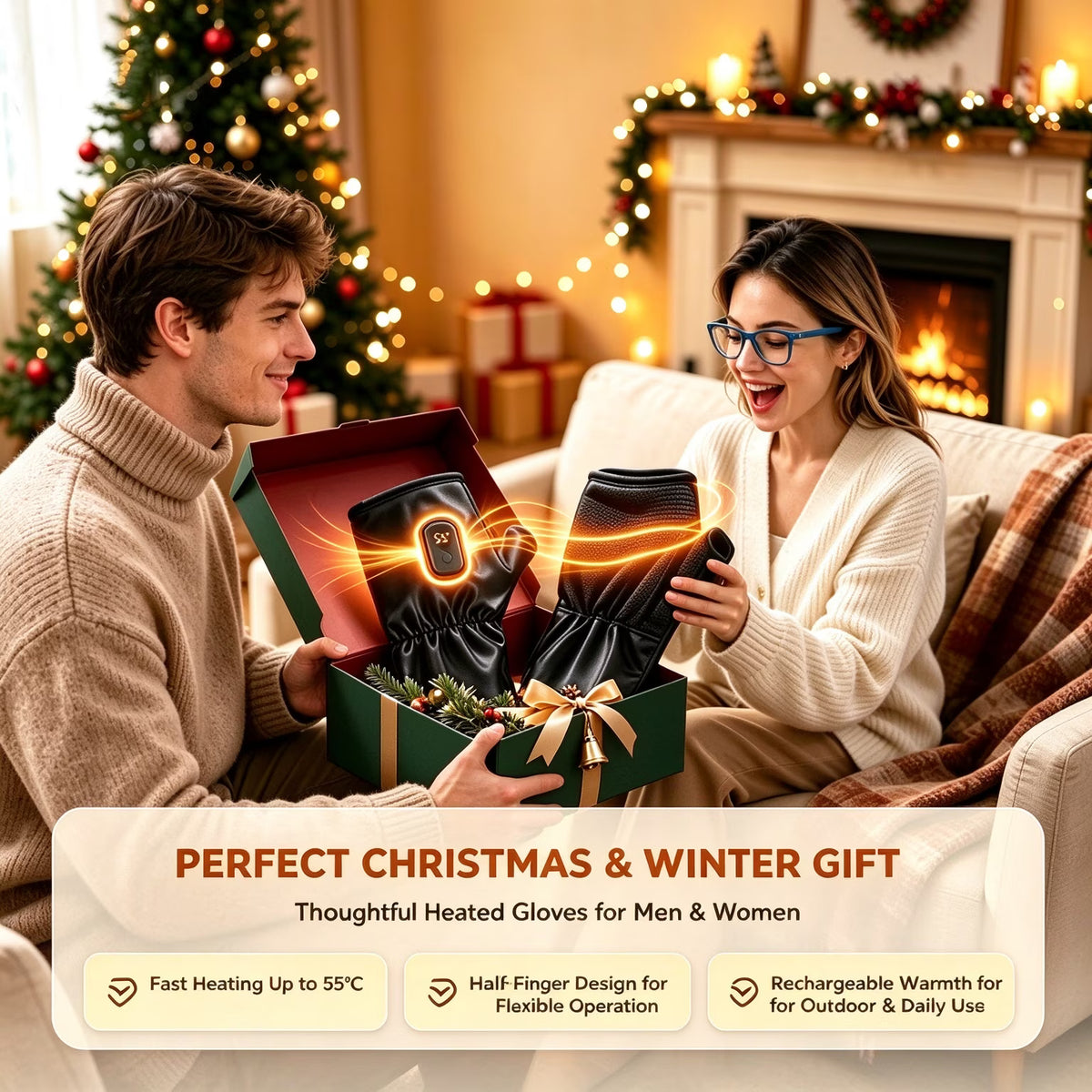 Heated Gloves Rechargeable-Smart Thermostatic Heated Fingerless Gloves Heat Up to 131℉,Portable Heating Glove with Digital Display,3 Temperature Settings for Hiking Skiing Cycling,Gifts for Women Man