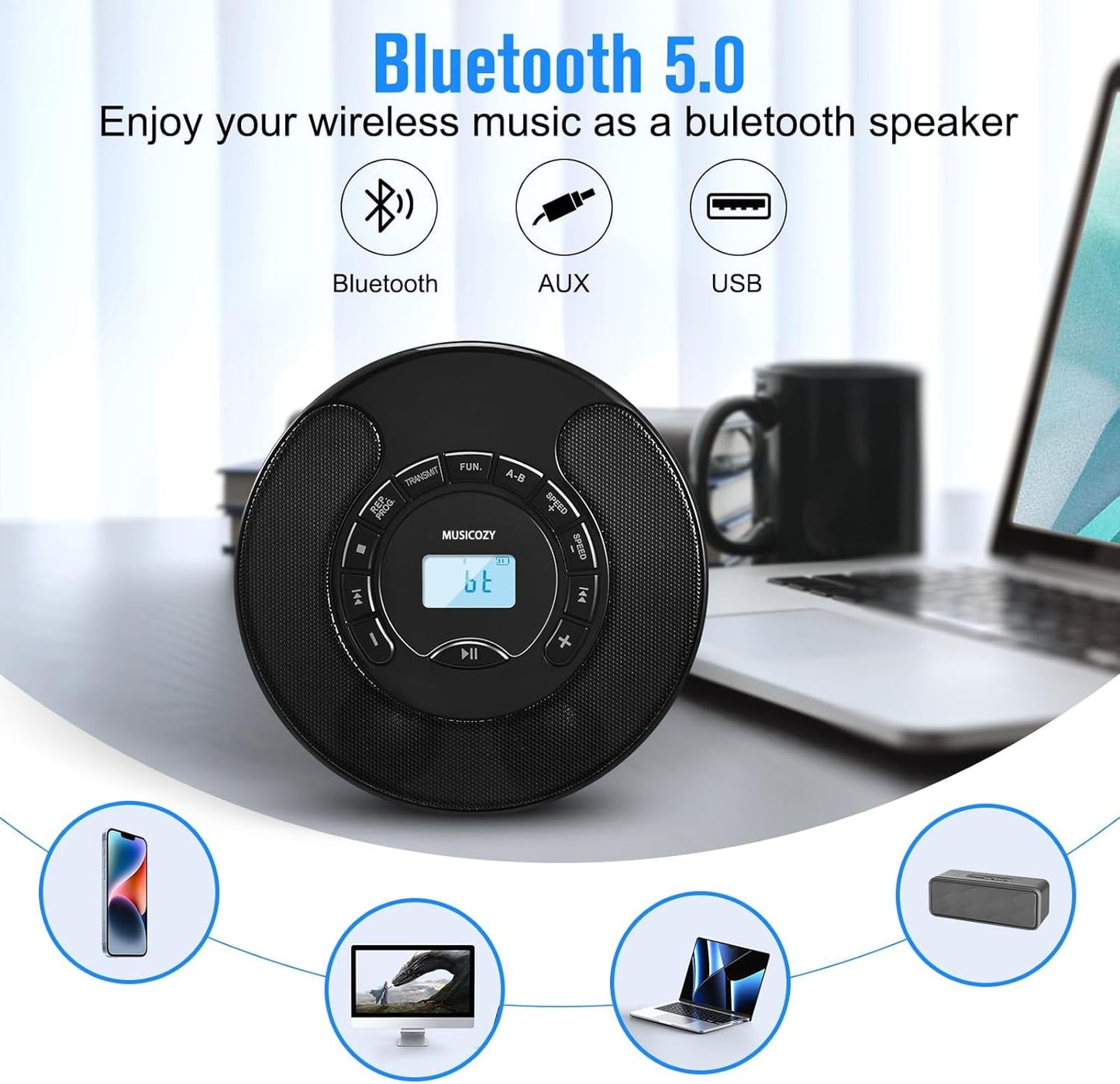 Portable CD Player with Bluetooth Rechargeable Walkmans CD Player for Car Built-in Speaker Bluetooth Transmitter A-B Repeat and Speed+/- Personal CD Player with Headphone Jack AUX Cable Best Gift