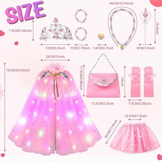 LED Princess Dress Up kids Costume Props Halloween Christmas 11Pcs Fairy Princess for Toddler Girls Costume Sets Cape Wand Headband Tutu Skirt Jewelry New Year Gifts for Girls 3 4 5 6 7 8 Year Old