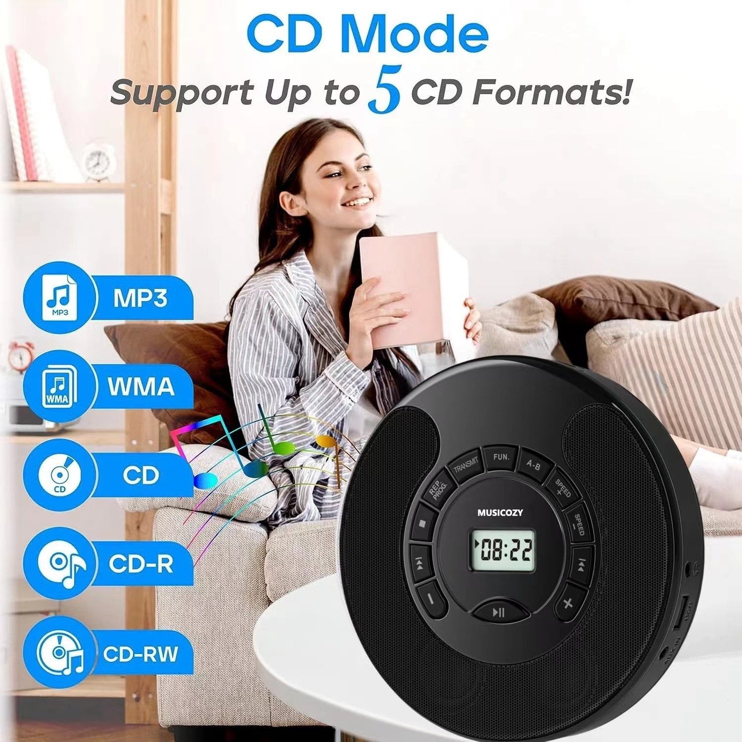 Portable CD Player with Bluetooth Rechargeable Walkmans CD Player for Car Built-in Speaker Bluetooth Transmitter A-B Repeat and Speed+/- Personal CD Player with Headphone Jack AUX Cable Best Gift