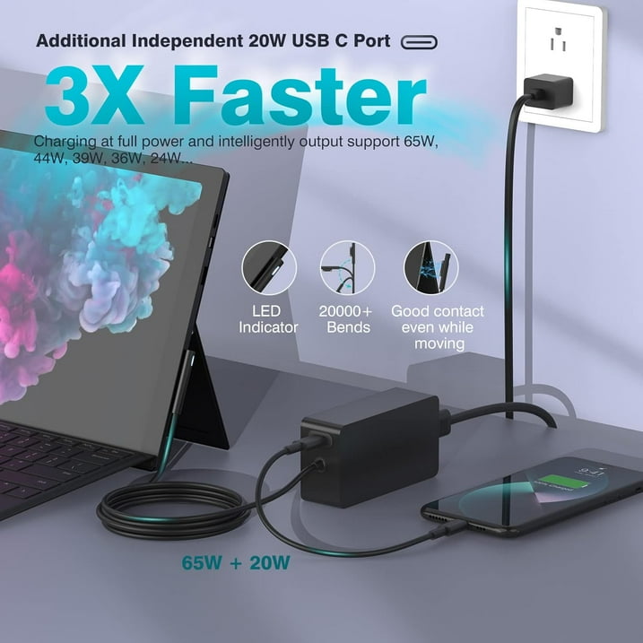 65W Surface Pro Laptop Charger for Microsoft Surface Pro 10, 9, 8, 7+, 7, 6, 5, 4, 3, X, Windows Surface Laptop 6, 5, 4, 3, 2, 1, Surface Go Tablet, Surface Book 3, 2, 1, Support 44W, 36W, LED, 10FT