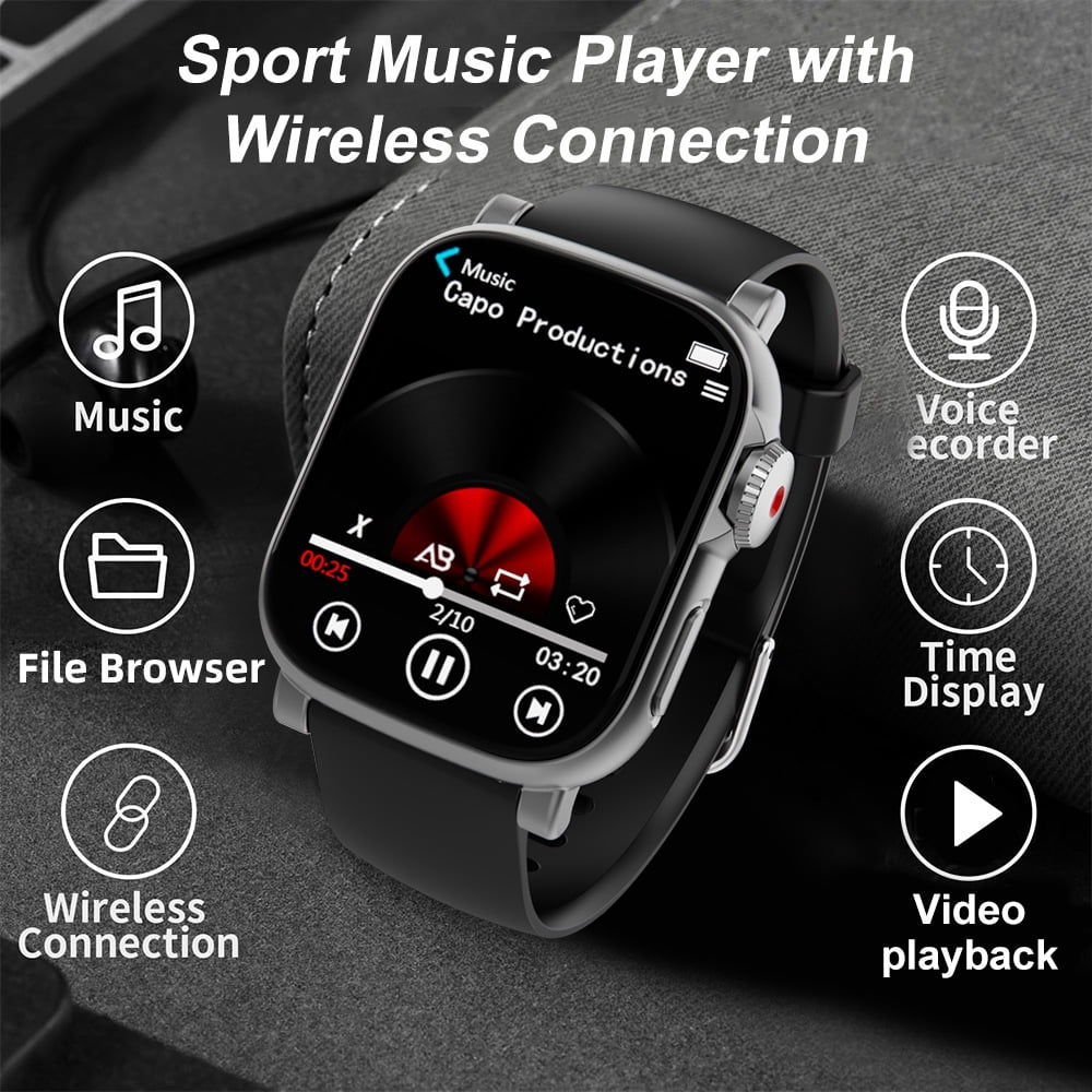 MP3 Player Sports Watch 32GB Bluetooth Music Player 2.0 Touch Screen MP3 MP4 Player Build-in Speaker/Photo/Video Play/Voice Recorder/E-Book Reader Supports up to 128GB for Kids Running Walking