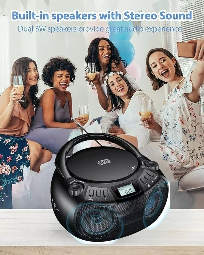 Boombox CD Player with Bluetooth Boombox AM/FM Radio USB Port Portable CD Player Stereo Sound Speaker MP3 Playback 3.5mm AUX Input Headphone Jack LCD Display CD-R CD-RW MP3WMA Playback