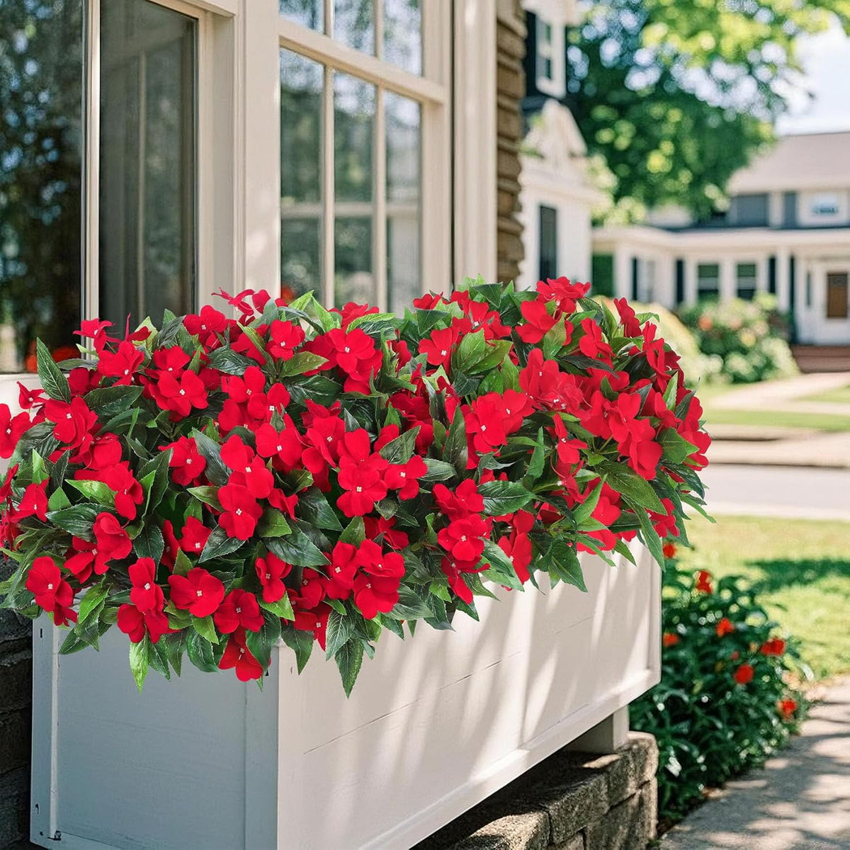 5 Pcs Artificial Flowers for Outdoors Silk Impatiens Flowers Bouquet Decorations Fake Faux Plants UV Resistant for Spring Summer Garden Porch Patio Window Box Balcony Planters Home Decor Red