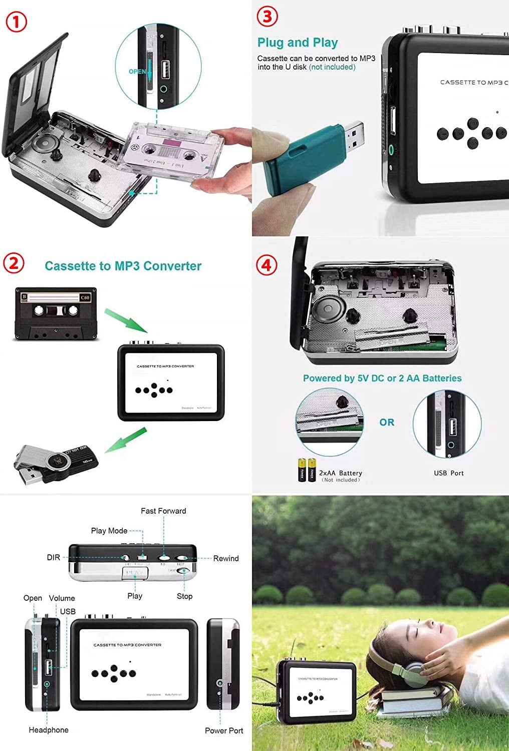 Portable Walkmen Cassette Player Best Overall Standalone USB Cassette to MP3 Converter Audio Music Cassette Tape to Digital Converter Player (White)