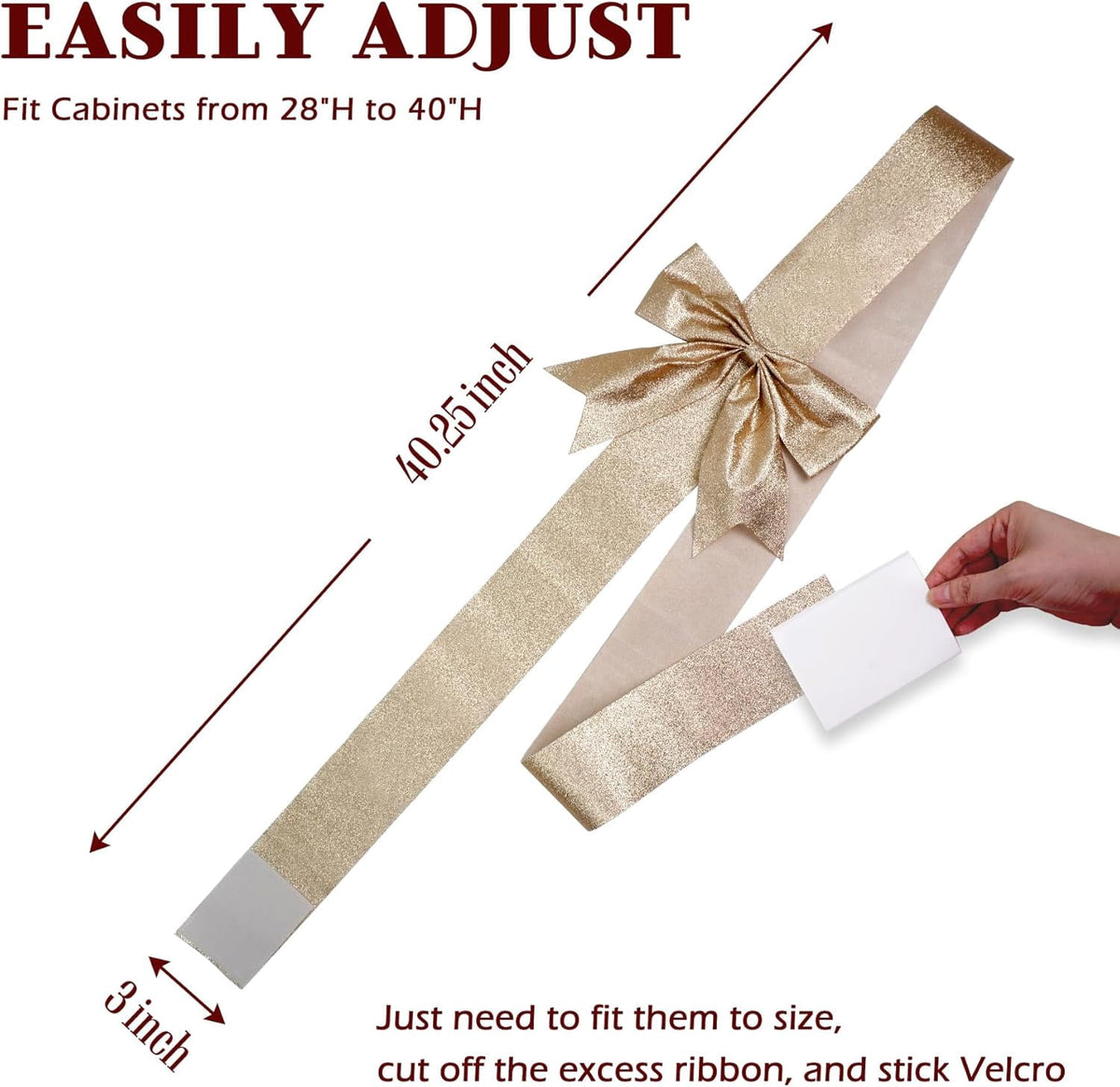 6 Pcs Large Christmas Cabinet Bows 8x40 Christmas Gold Ribbon Easy to Install on Cabinet Door Christmas Wreath Tree Bow Festival Decorations for Home Fireplace Door Holiday Party Wedding Supplies