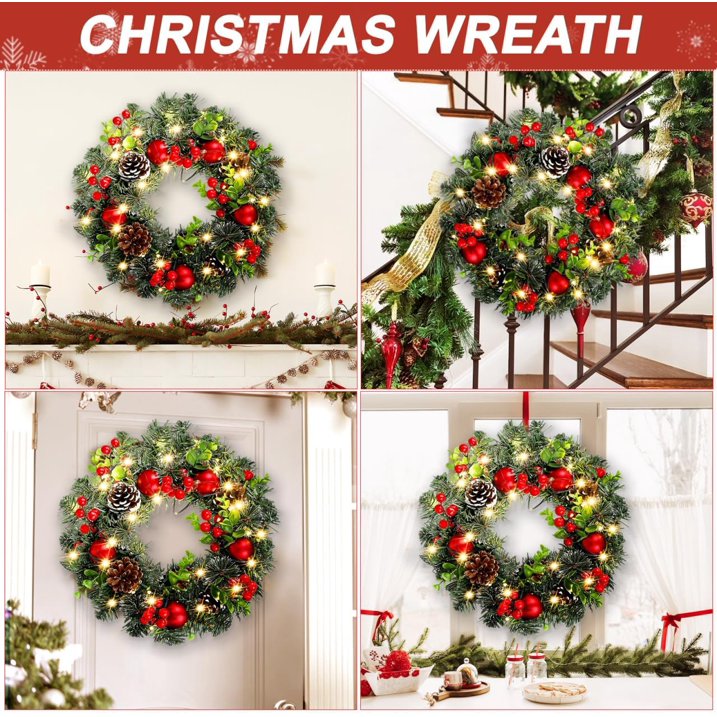 XEAZON Christmas Wreaths for Front Door, 16In Christmas Wreath with LED Lights Pine Cones and Berry Clusters, Festive Hanging Garland for Christmas Wall Fireplace Window Indoor Outdoor Decorations