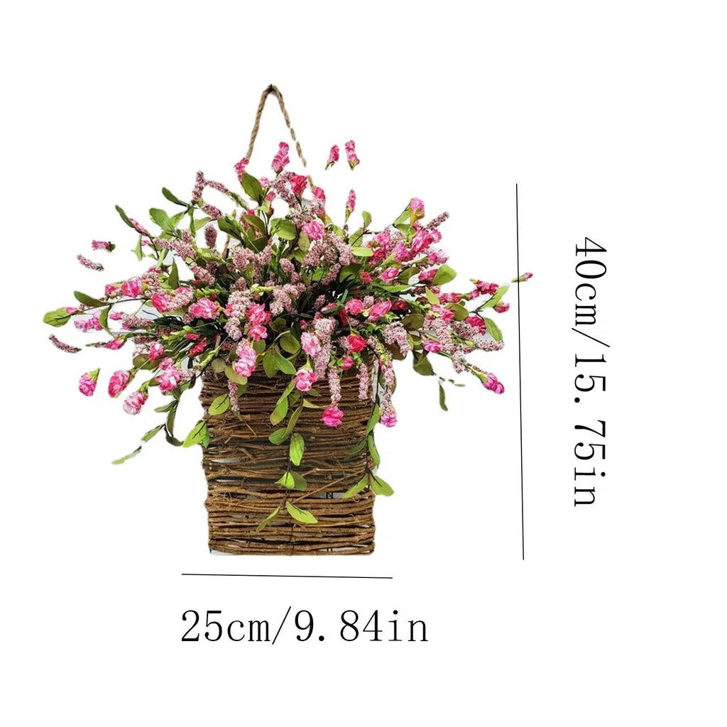 XEAZON Door Hanger Basket Wreath, 17.7in Pink Farmhouse Wreath with Wildflowers, Spring Summer Wreath for Front Door with Rattan Basket for Wall Home Porch Decor (Pink)