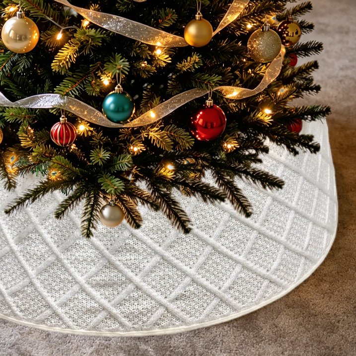 Christmas Tree Collar, 28 inch Knitted Christmas Tree Collar, Cream White Xmas Tree Collar, Sturdy Construction Foldable Tree Ring for Artificial Trees Xmas Farmhouse Holiday Home Decor Gifts