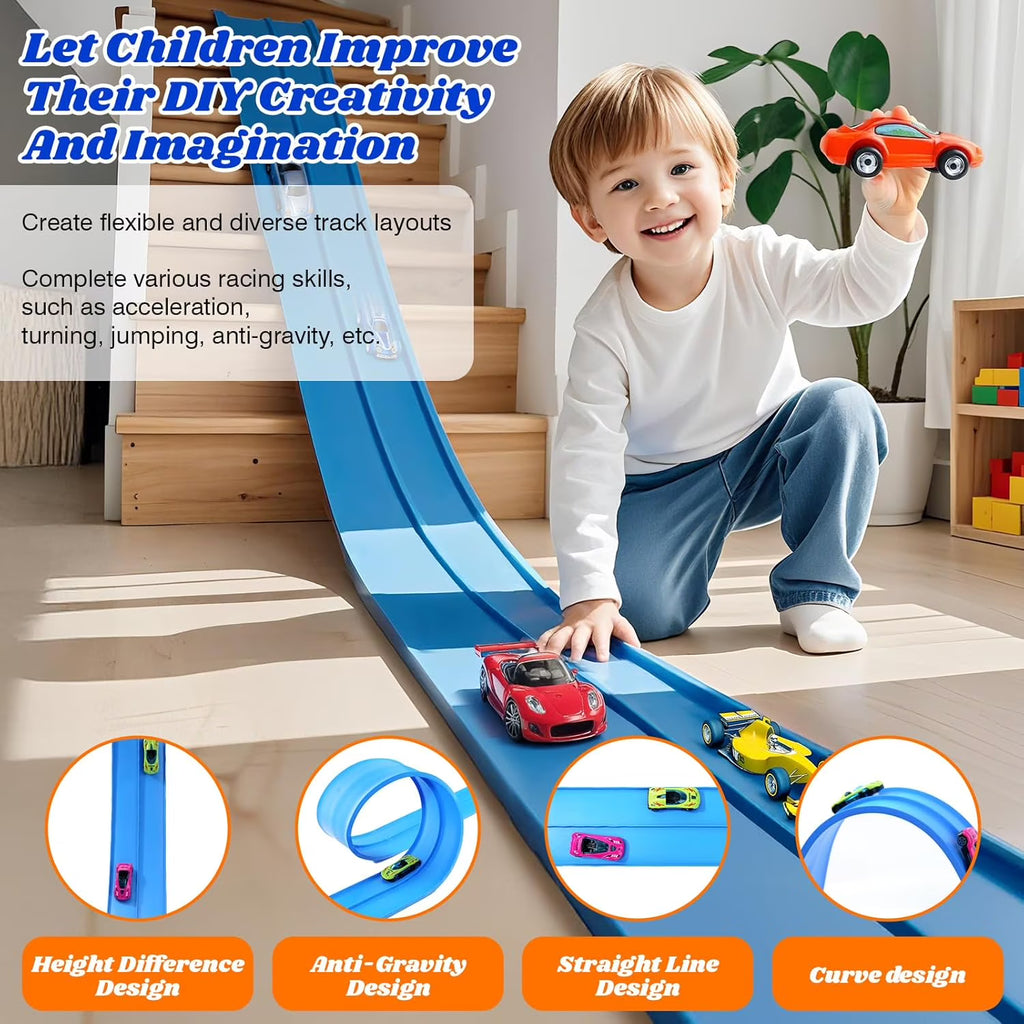 15 Ft Slot Car Race Track Sets, Flexible Race Tracks for Kids Ages 4-8 with 4 Toy Cars Suction Cups, Portable DIY Racetrack Compatible with Diecast 1/64th Cars, Ideal Gift for Kids Toys