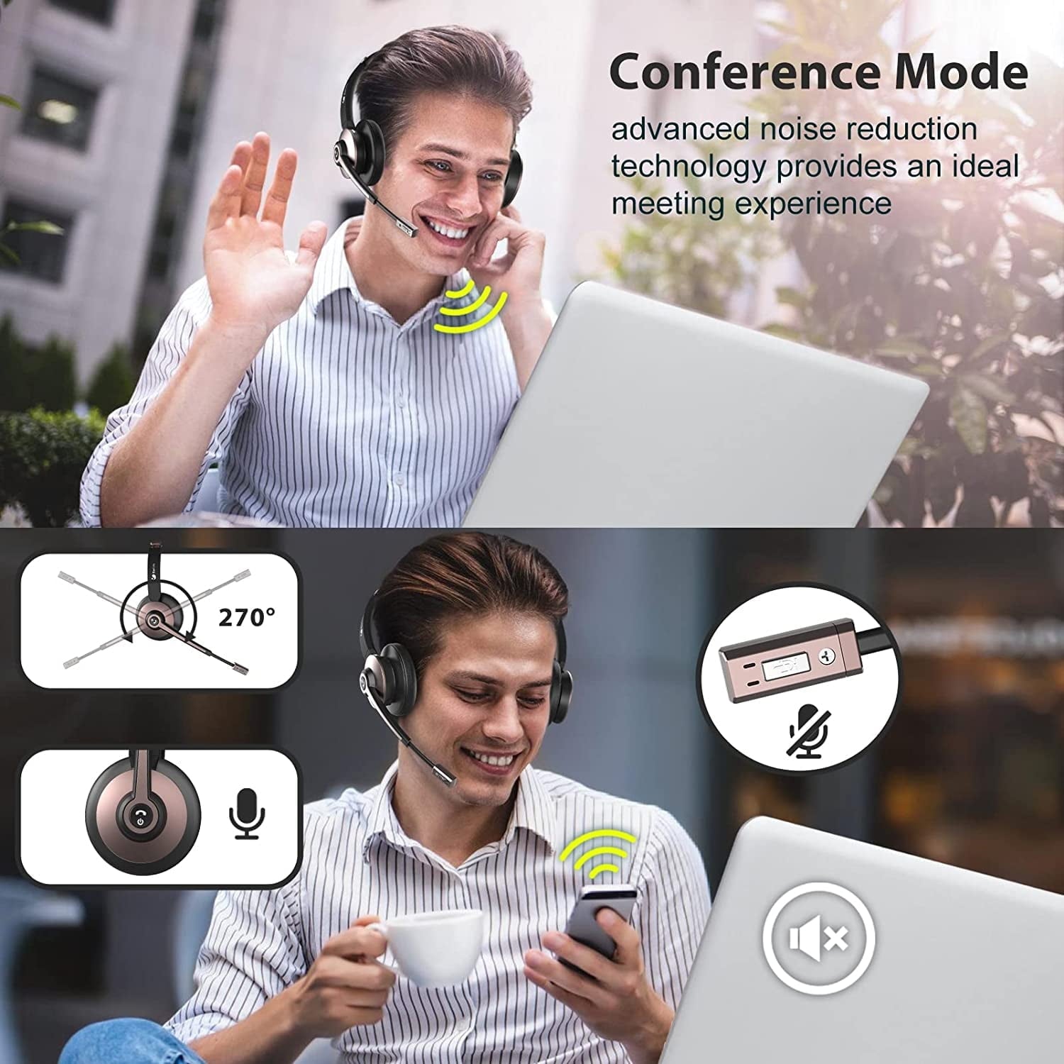 MUSICOZY Bluetooth Headset with Microphone Wireless Headphones with Noise Cancelling Mic 26hrs talktime On Ear Headphones with Mic Mute for Mac/Laptop/Zoom/Teams/Call Center/Office/Home Rose Gold