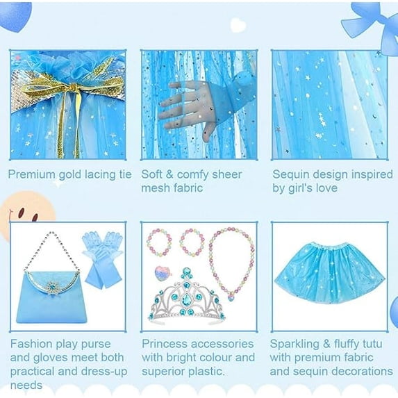 Princess Dress Up kids Costume Props Halloween Christmas gifts 11Pcs Fairy Princess for Toddler Girls Costume Sets Cape Wand Headband Tutu Skirt Jewelry New Year Gifts for Girls3 4 5 6 7 8 Year Old