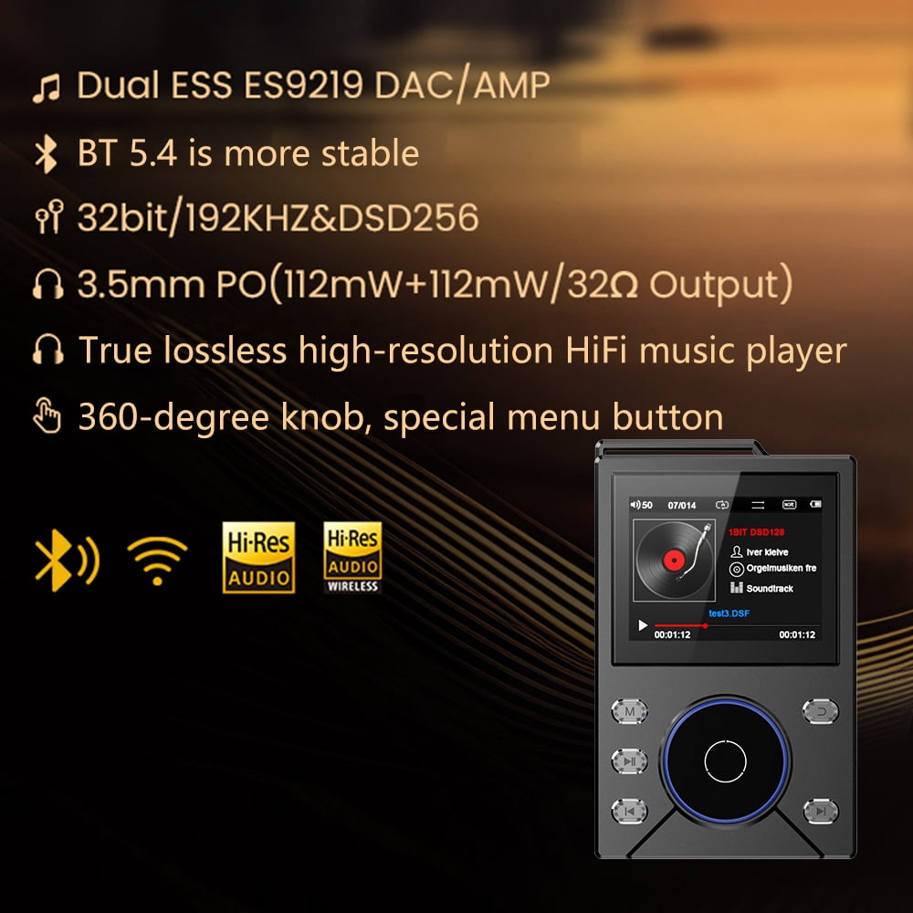 144GB HiFi MP3 Player with Bluetooth5.4 Lossless DSD High Resolution Digital Audio Music Player with FM Radio Recording Portable Audio Player with Built-in 16GB+128GB TF Card for Music Enthusiasts