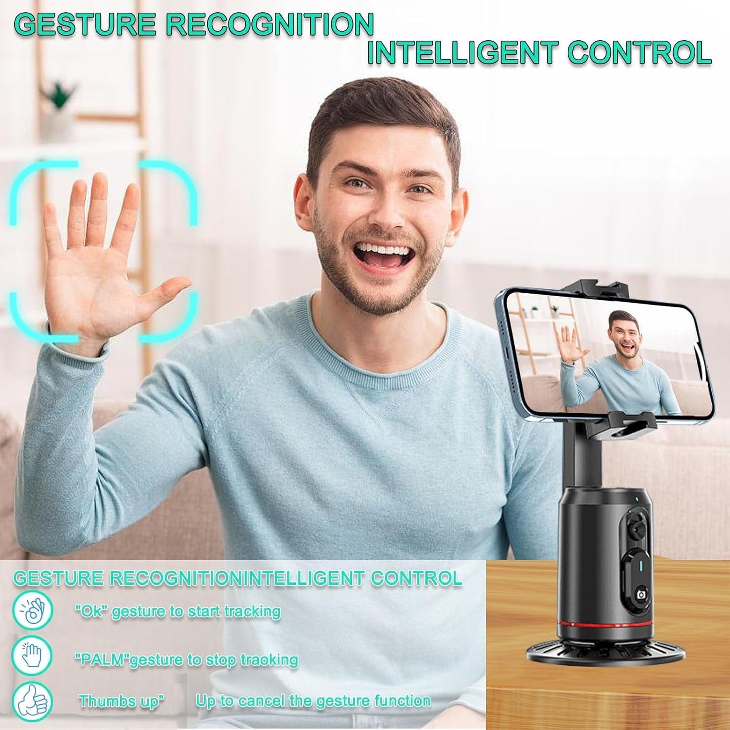 Auto Face Tracking Tripod AI Smarts 360° Rotating Auto Tracking Phone Stand No App Required Camera Stand with Remote and RGB Fill Lights Rechargeable Shooting Stand for Live Video Recording Tiktok