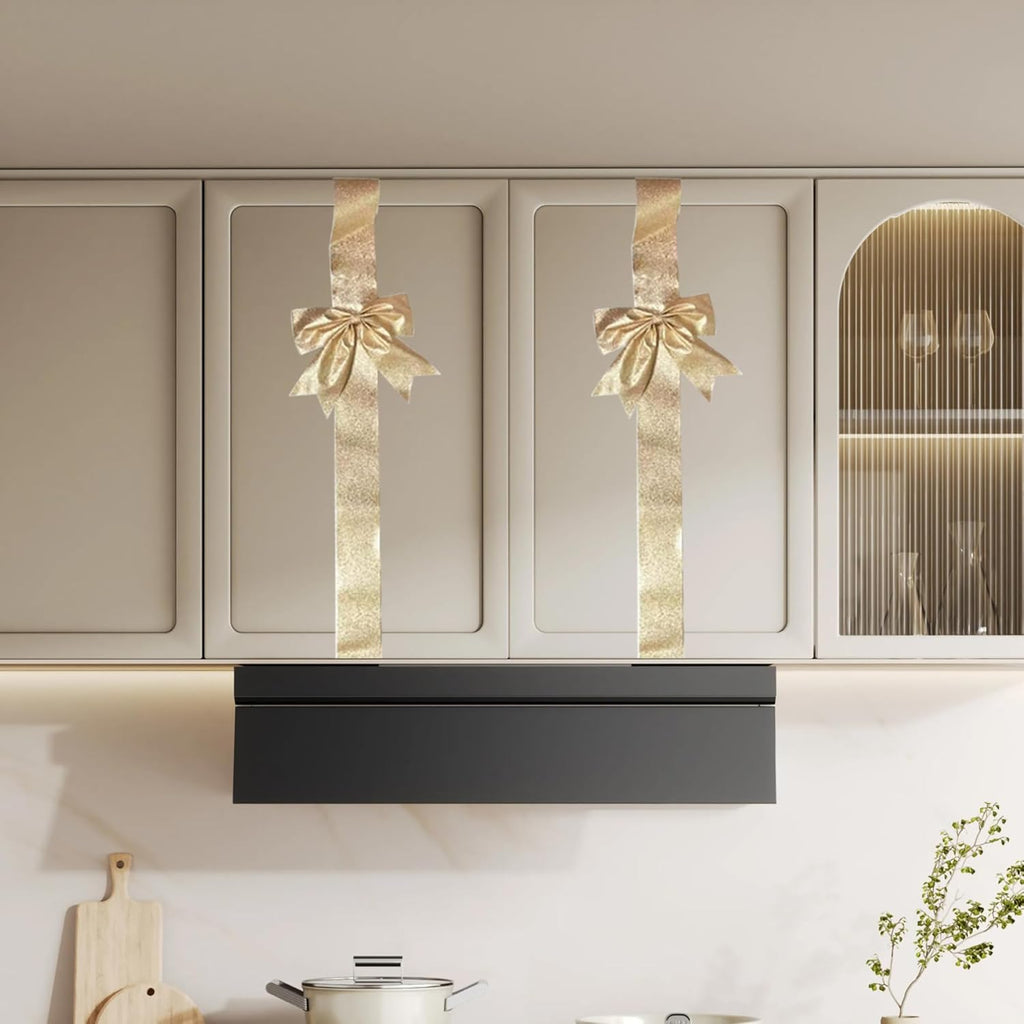 6 Pcs Large Christmas Cabinet Bows 8x40 Christmas Gold Ribbon Easy to Install on Cabinet Door Christmas Wreath Tree Bow Festival Decorations for Home Fireplace Door Holiday Party Wedding Supplies