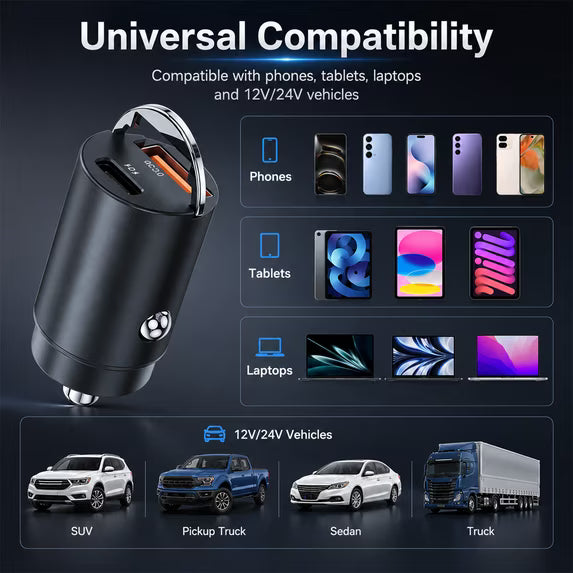 65W USB-C PD & 60W USB-A QC Car Charger, Dual Port Fast Car Charger for Phone, Tablet and Laptop, Compatible with 12V/24V Vehicles, Black